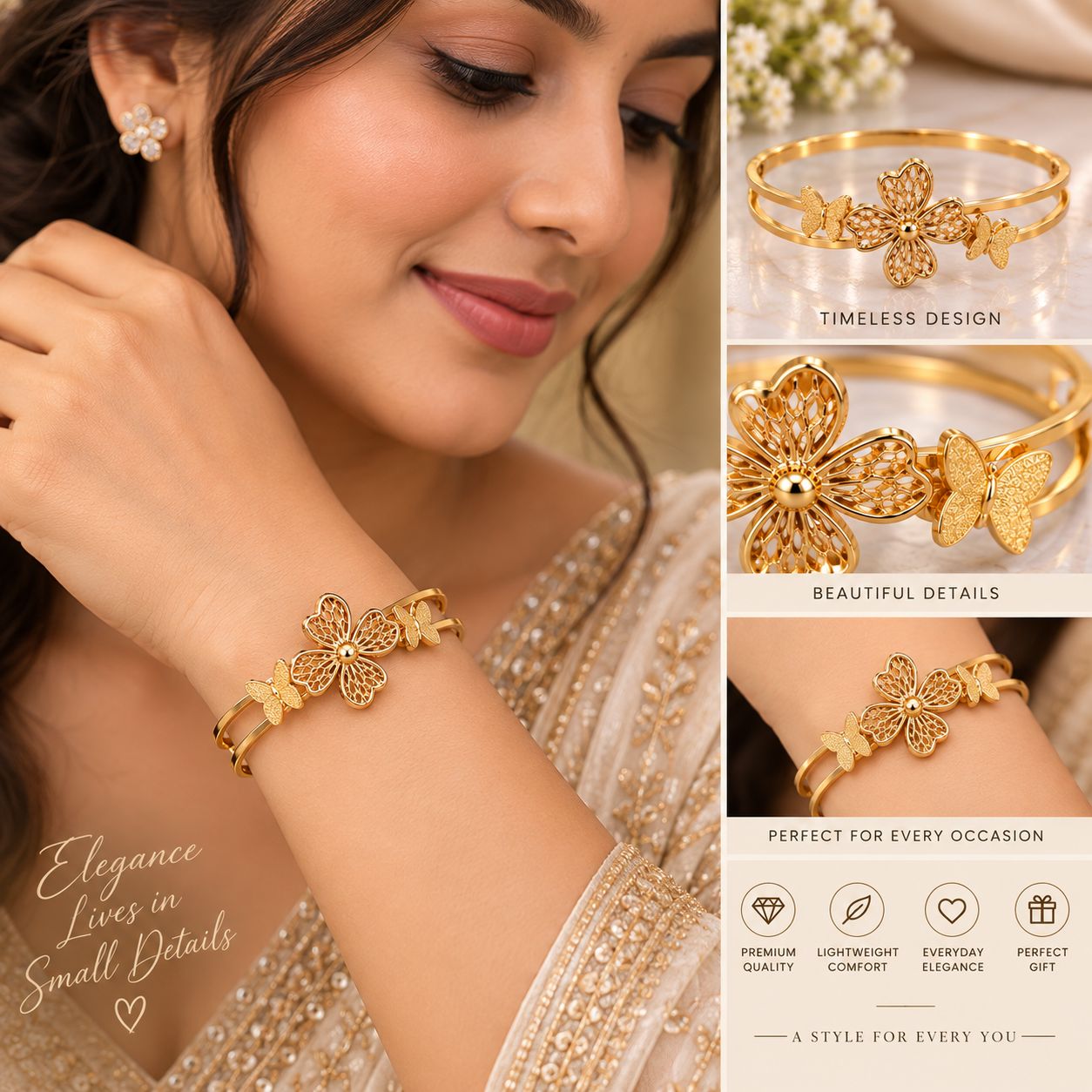 Golden Butterfly & Floral Cuff Bracelet